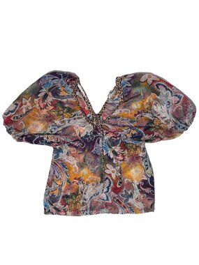 Sao Paulo Cheetah Animal Boho Paisley Print Semi Sheer Blouse 6 Balloon Sleeve